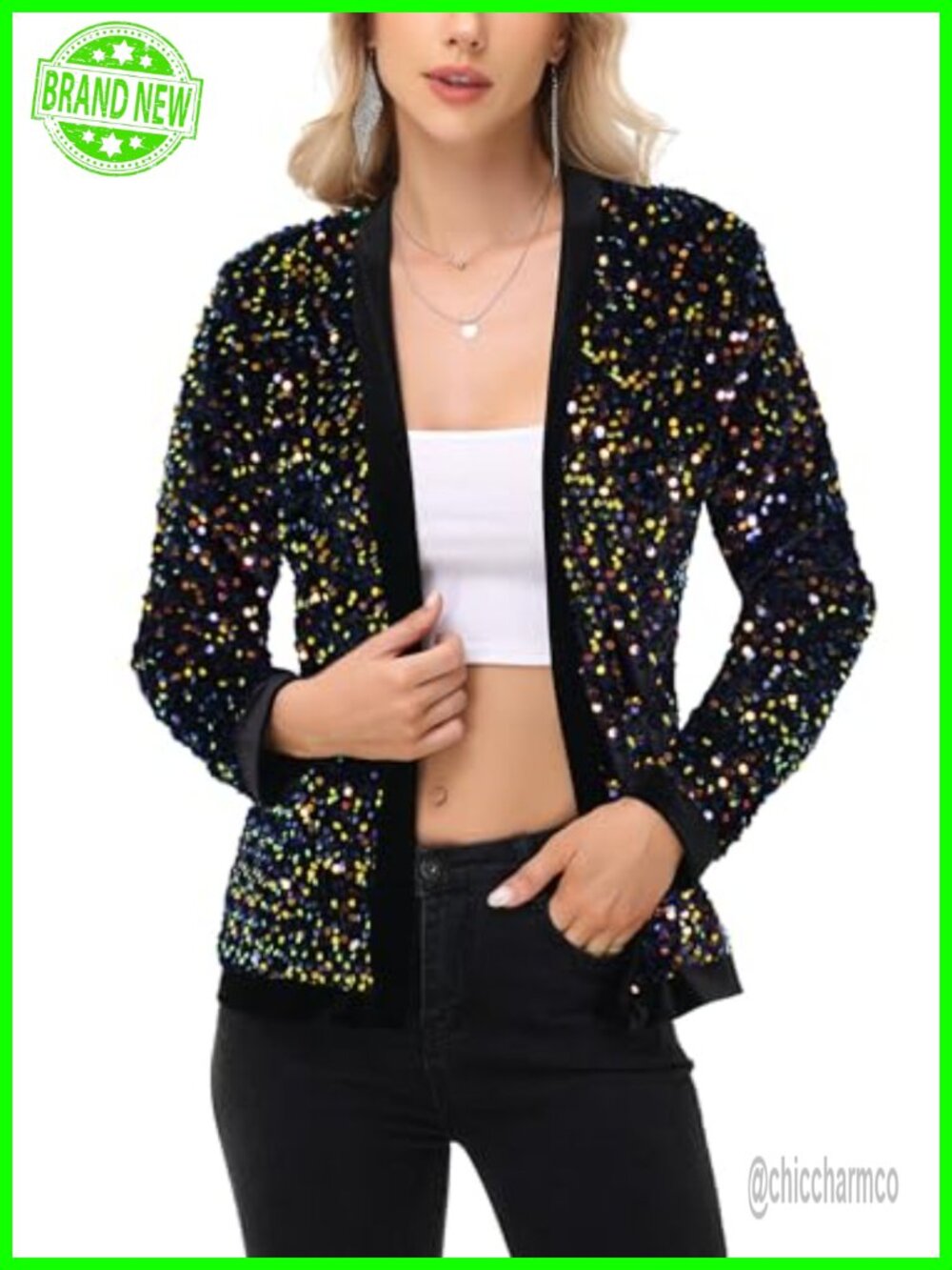 Sparkly Sequin Cardigan Long Sleeve Open Front Glitter Party Blazer Jacket
